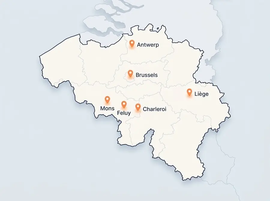 Map of Belgium with our priority areas: Antwerp, Brussels, Liรจge, Charleroi, Mons and Feluy