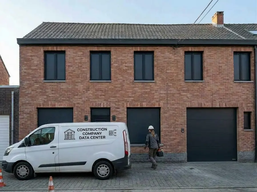 Worker with a hard hat arriving at a brick house in Belgium, next to a company van